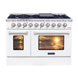 ProlineRangeHoods.com: White Proline PLSR 48GG range, 8 burners, griddle, dual glowing ovens in a pro front view.