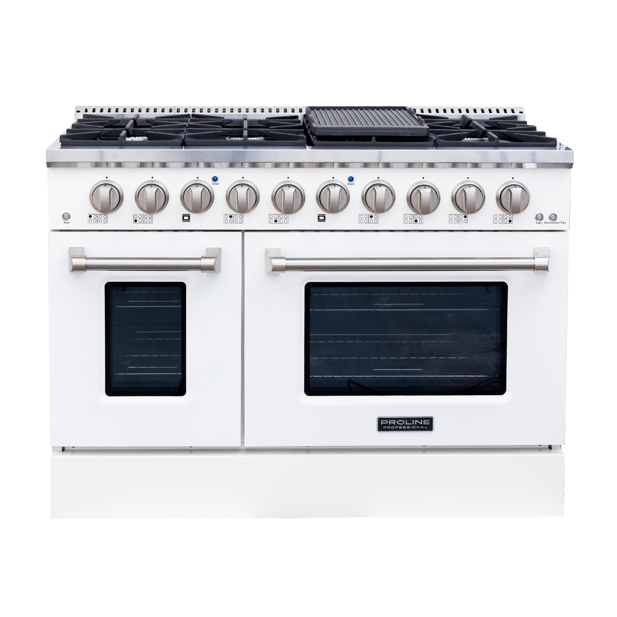 The Proline PLSR 48GG is a glossy white 48" gas range with 8 burners, dual ovens, griddle—front view. ProlineRangeHoods.com.
