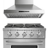 Save 10% on ProlineRangeHoods.com: PLSR 30" Gas Range + PLSW King Air Hood, six burners, modern knobs.