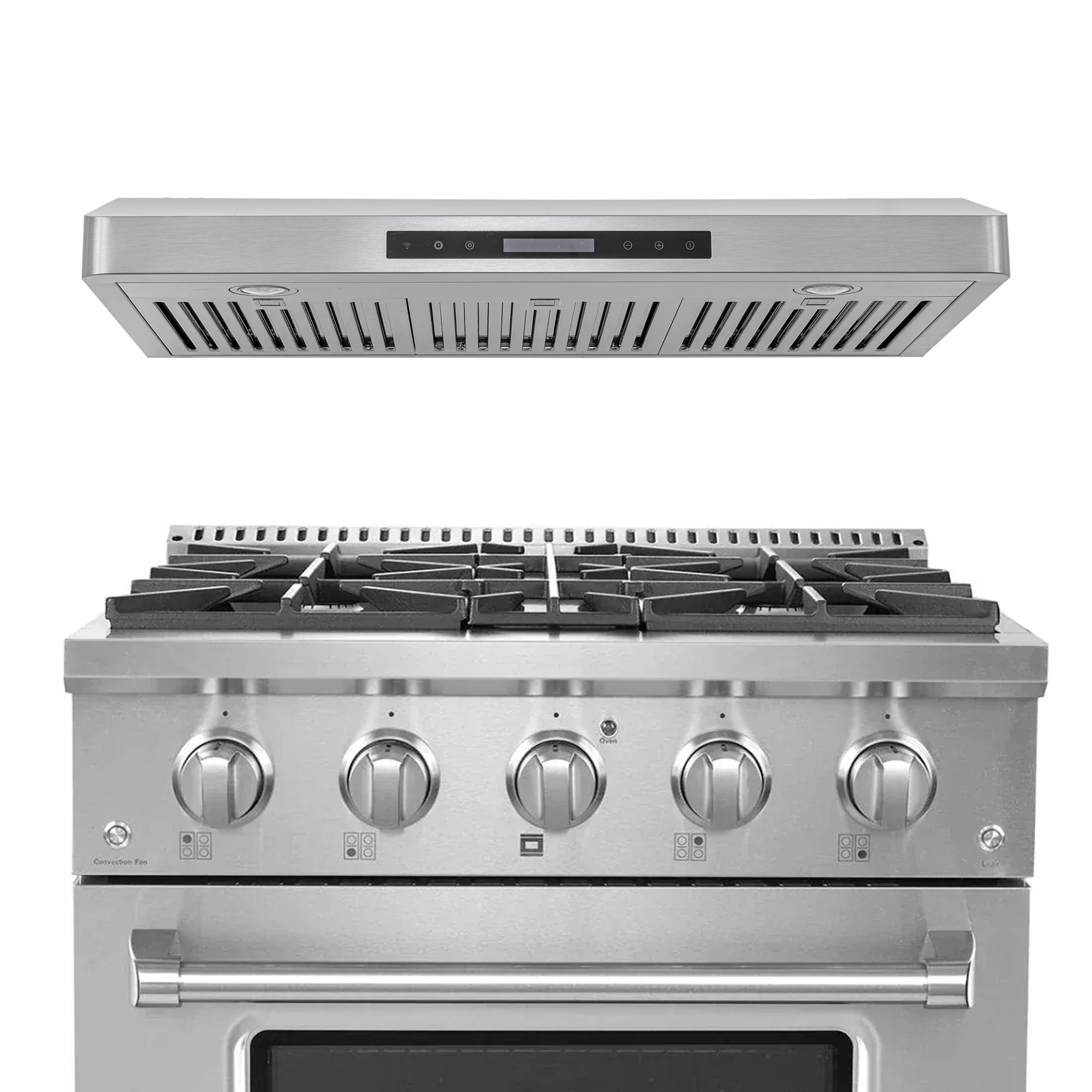 Proline PLSR 30" gas range & PLSW 185 hood in stainless steel on white. Save 10% at ProlineRangeHoods.com.