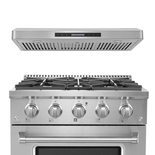 Proline PLSR 30" gas range & PLSW 185 hood in stainless steel on white. Save 10% at ProlineRangeHoods.com.