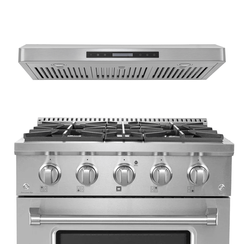 Proline PLSR 30" gas range & PLSW 185 hood in stainless steel on white. Save 10% at ProlineRangeHoods.com.