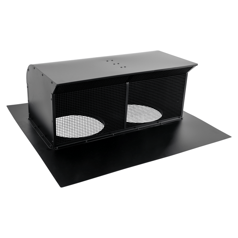 ProlineRangeHoods.com 8″-10″ dual outlet black roof cap for BBQ hoods, mesh screen, two circular openings.