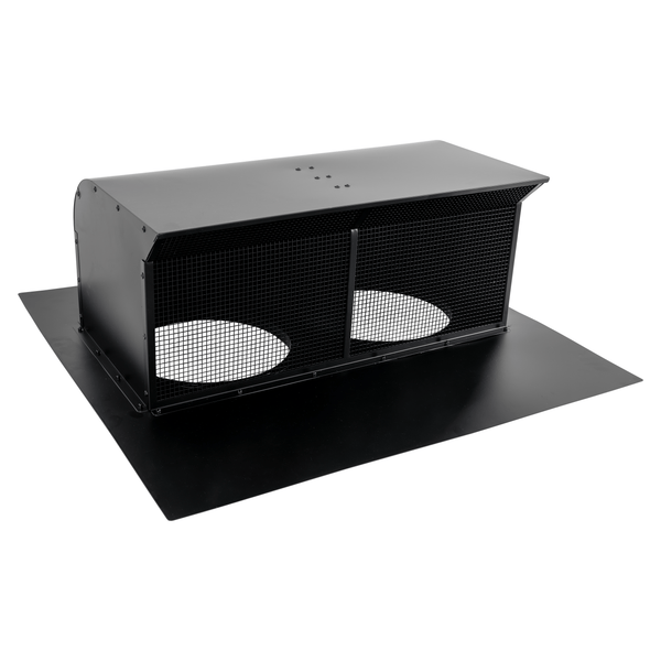 ProlineRangeHoods.com 8″-10″ dual outlet black roof cap for BBQ hoods, mesh screen, two circular openings.