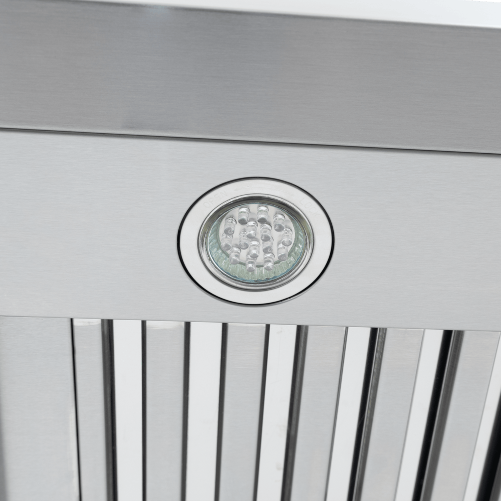 LED light in the Proline King Air Dream Home range hood with stainless finish, 550/1200 CFM by ProlineRangeHoods.com.