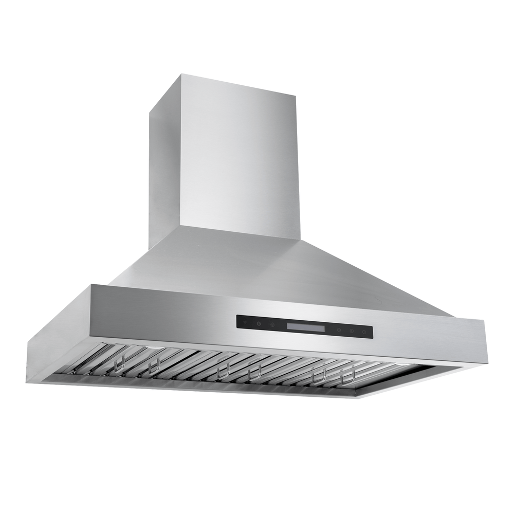ProlineRangeHoods.com King Air wall-mounted range hood, stainless steel, front view, integrated control panel.