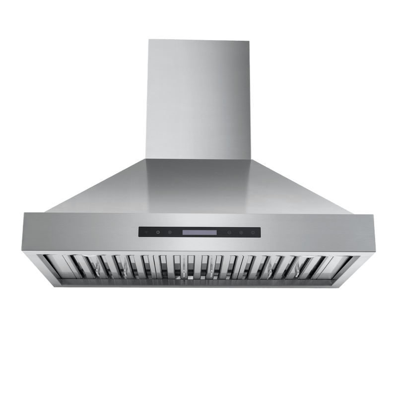 ProlineRangeHoods.com King Air wall-mounted hood in stainless steel, front view, 550/1200 CFM touch controls.