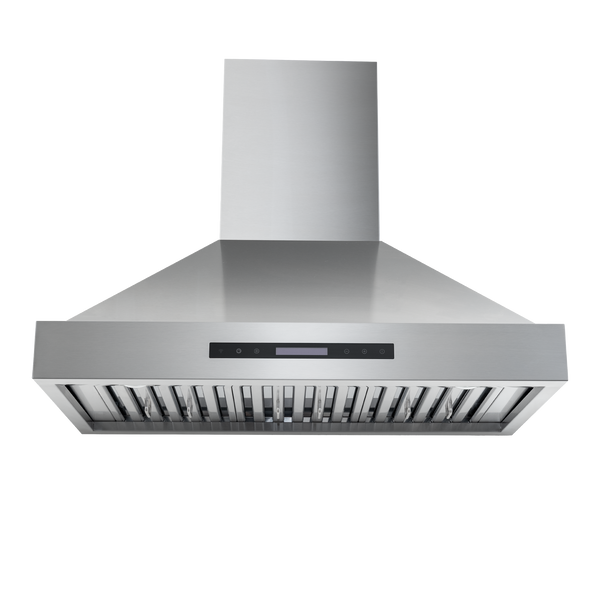ProlineRangeHoods.com King Air wall-mounted hood in stainless steel, front view, 550/1200 CFM touch controls.