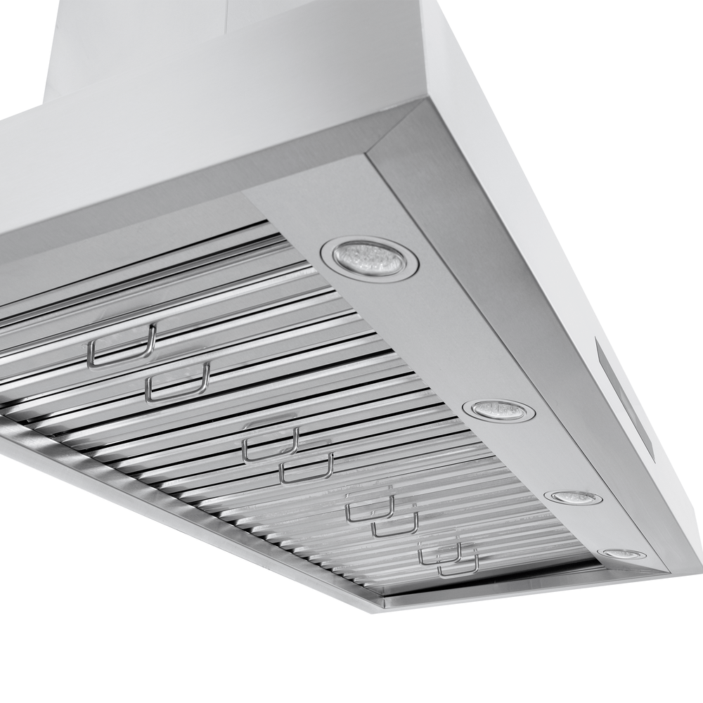 The Proline King Air wall-mounted range hood, 550/1200 CFM, lights, metal filters—see ProlineRangeHoods.com.
