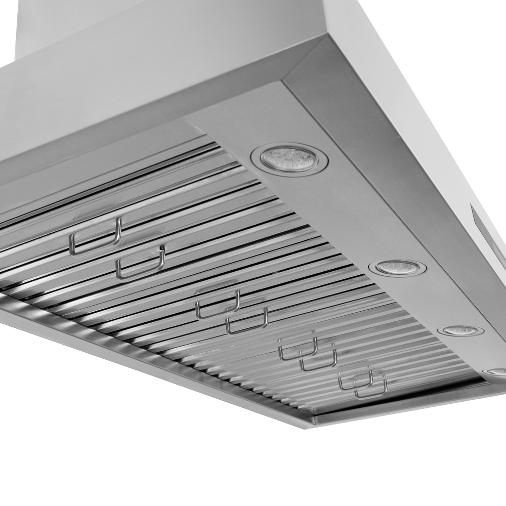 Close-up of Proline White King Air Dream Home Series range hood with lights and metal slats, at ProlineRangeHoods.com.