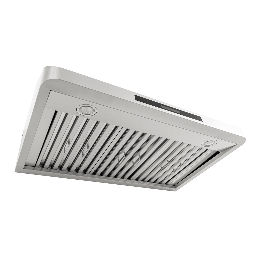 ProlineRangeHoods.com PLSW 115 under-cabinet hood in stainless steel with lights and 600 CFM, modern design.