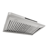 ProlineRangeHoods.com PLSW 115 under-cabinet hood in stainless steel with lights and 600 CFM, modern design.