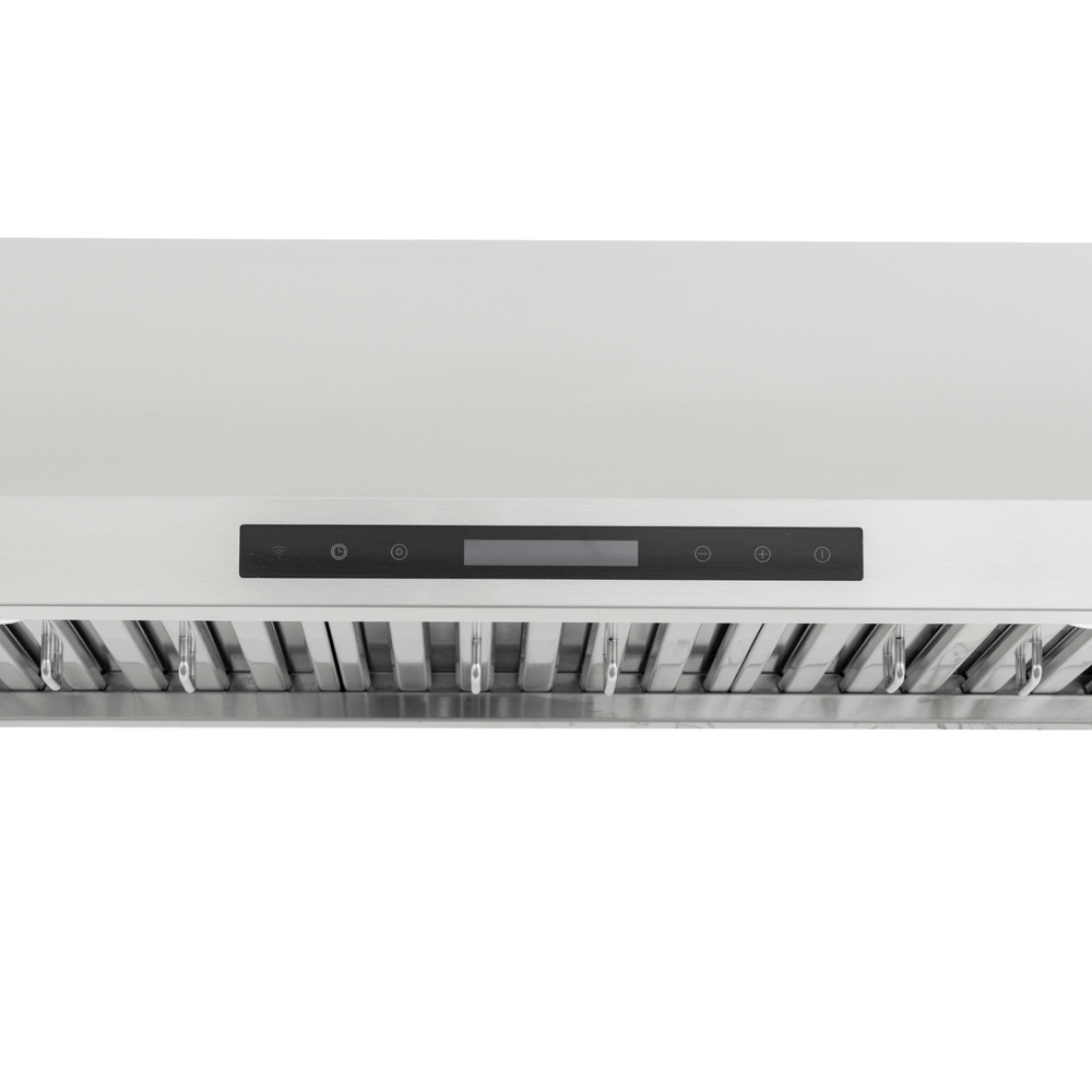 Stainless steel PLSW 115 Proline range hood with visible controls, vent slats, 600 CFM. ProlineRangeHoods.com.