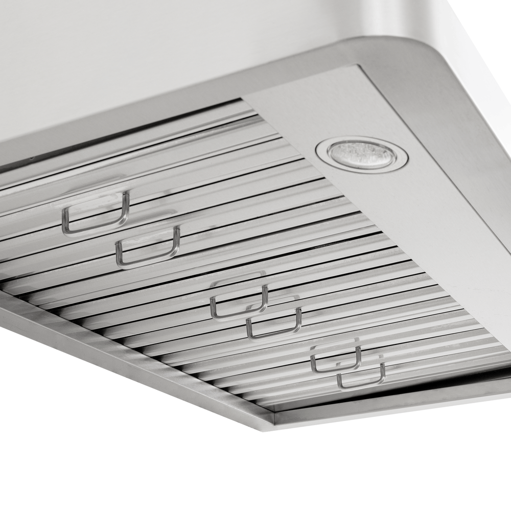 Close-up of the sleek PLSW 115 600 CFM range hood by Proline at ProlineRangeHoods.com with built-in lights.