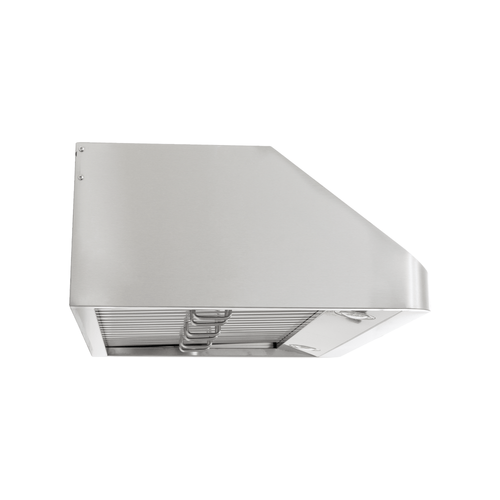 Proline PLSW 115 under-cabinet range hood, stainless steel, low angle on white. ProlineRangeHoods.com.