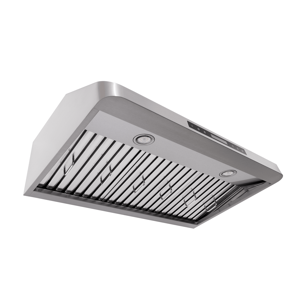 ProlineRangeHoods.com PLSW 115 stainless under-cabinet hood, shown from below with lights and filters visible.