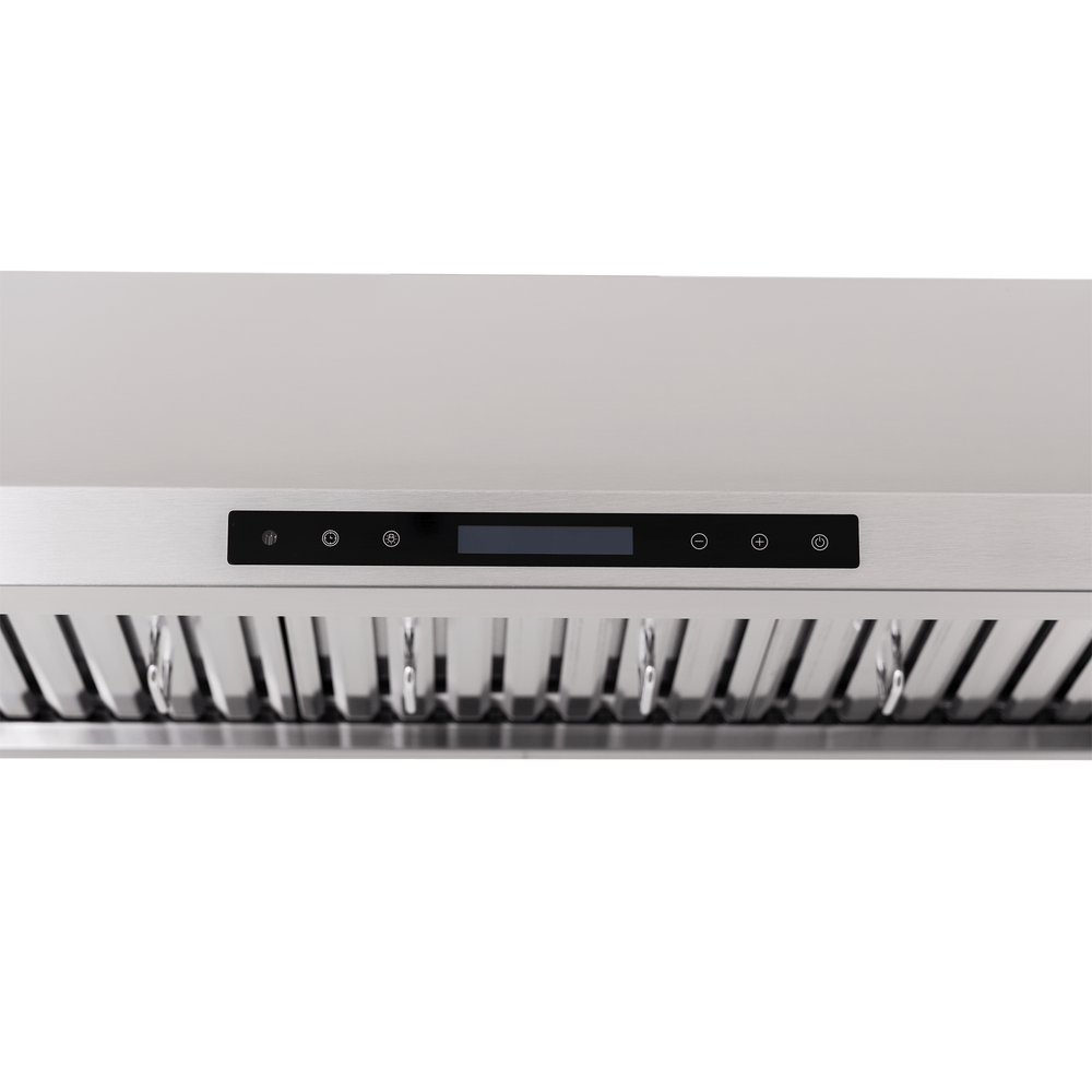 PLSW 115 under-cabinet stainless range hood with control panel, vent slats; 600 CFM. ProlineRangeHoods.com.