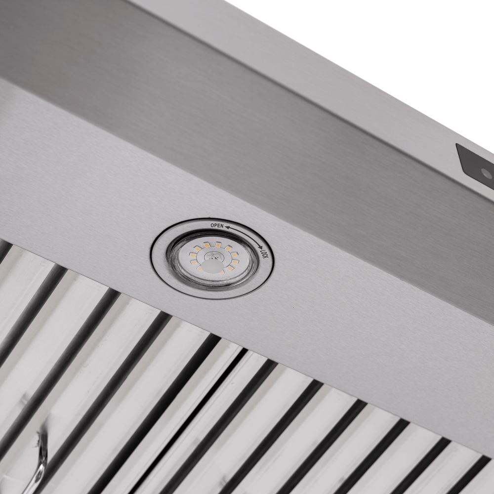 Close-up of Proline PLSW 115 Range Hood shows stainless steel, LED light, slatted filter. ProlineRangeHoods.com.