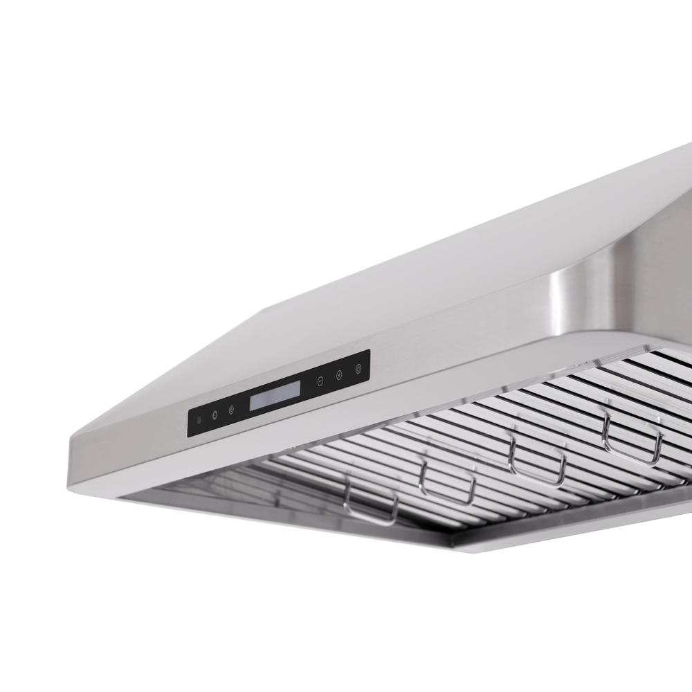 ProlineRangeHoods.com PLSW 115 stainless under-cabinet range hood with control panel, vent slats, 600 CFM, low angle.