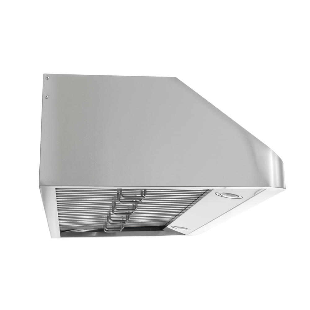 ProlineRangeHoods.com PLSW 115 under-cabinet hood with stainless steel, 600 CFM vent, and light shown from below.