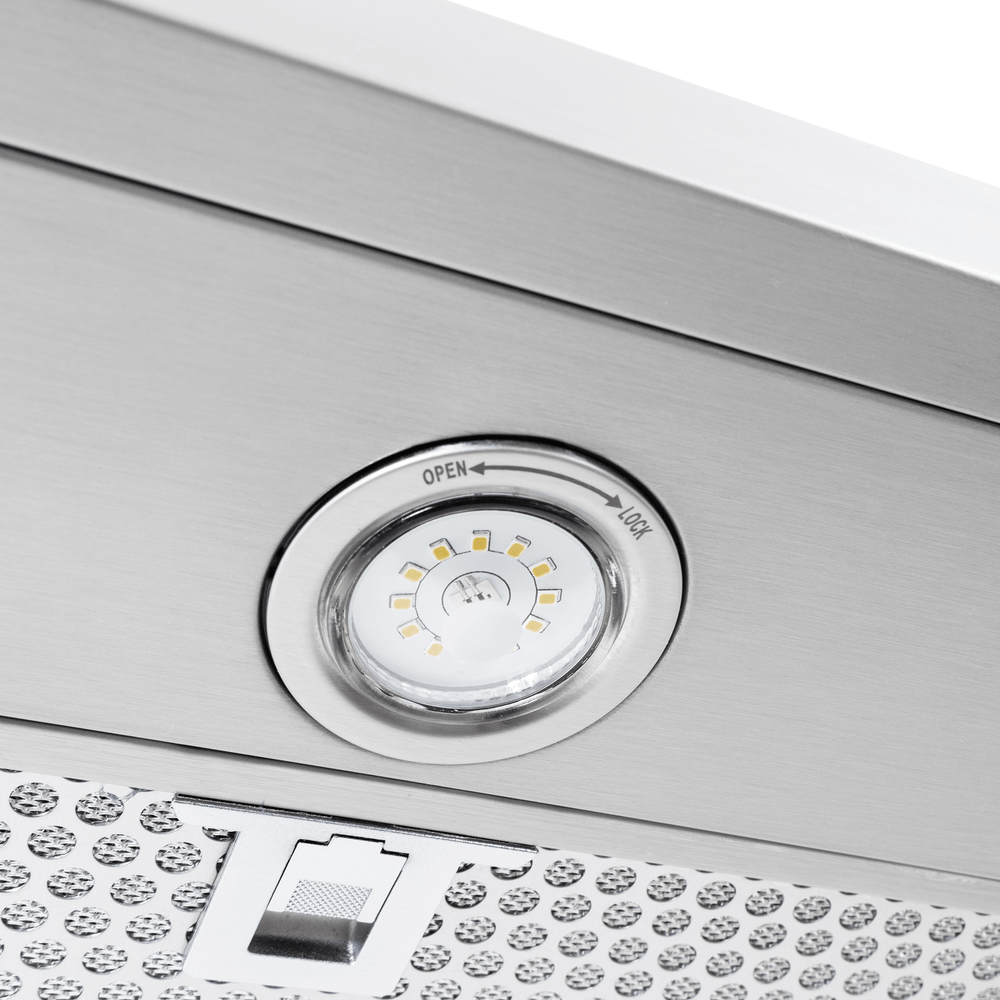Close-up of Proline PLFW 520 Range Hood's LED light and matte black finish. ProlineRangeHoods.com.