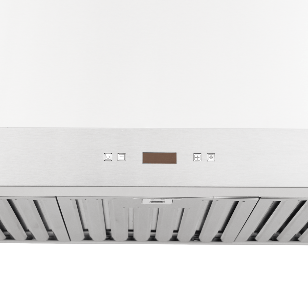 Proline PLFW 750 range hood in stainless steel with controls, shown from below; ProlineRangeHoods.com.
