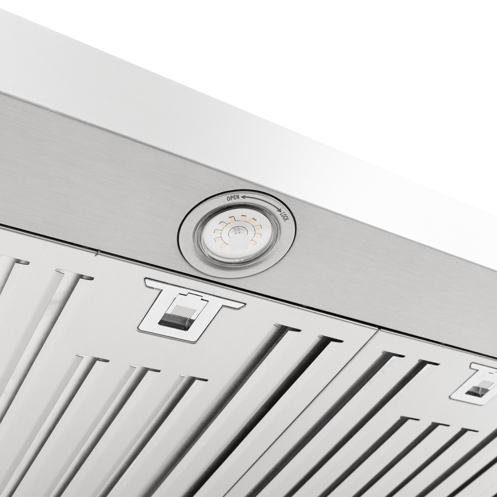 Close-up of Proline PLFW 750 range hood, stainless finish, dial, vent filters. ProlineRangeHoods.com.