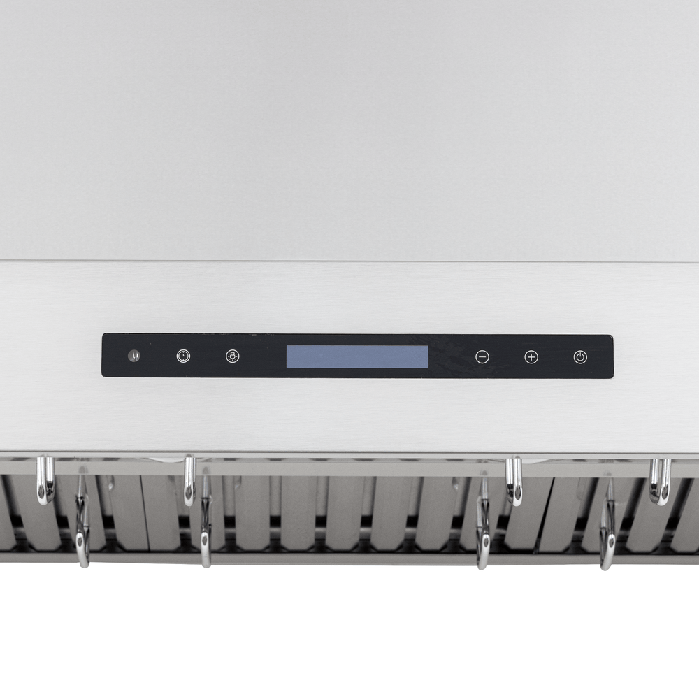 Proline PLFW 755 wall-mount hood: stainless steel, 1100 CFM motor, digital controls—see ProlineRangeHoods.com.