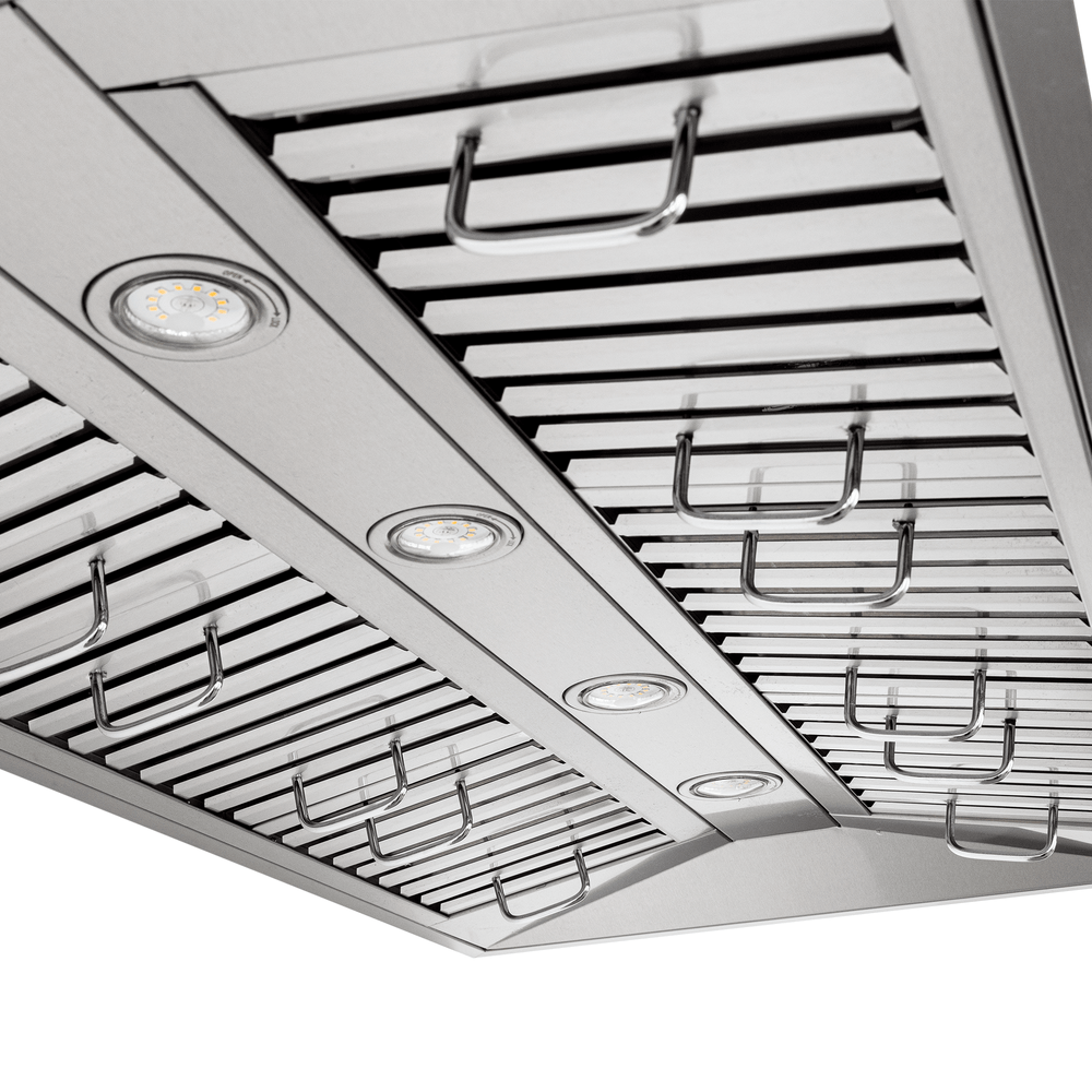 Close-up of Proline PLFW 755 stainless steel range hood with lights, dual motors, outdoor option. ProlineRangeHoods.com.