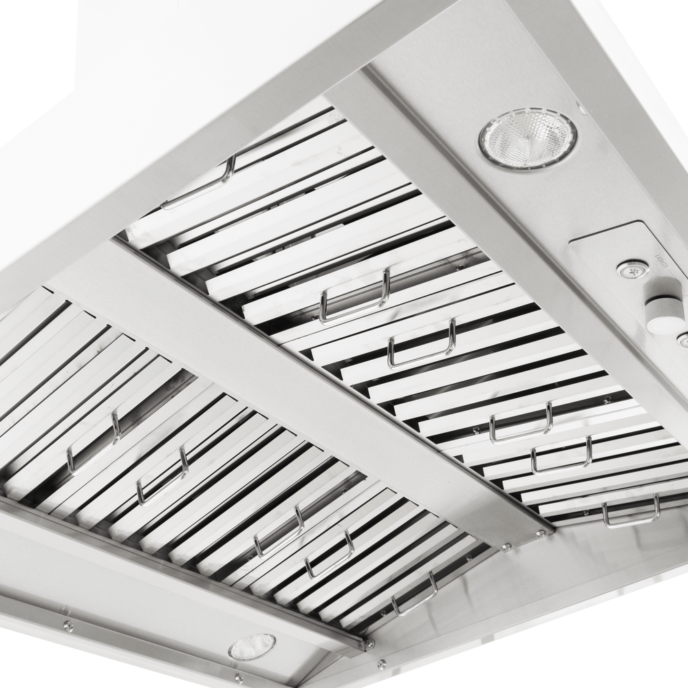 Close-up of Proline PLGI 104 HE Island Range Hood with lights, metal filters, 304 steel; ProlineRangeHoods.com.