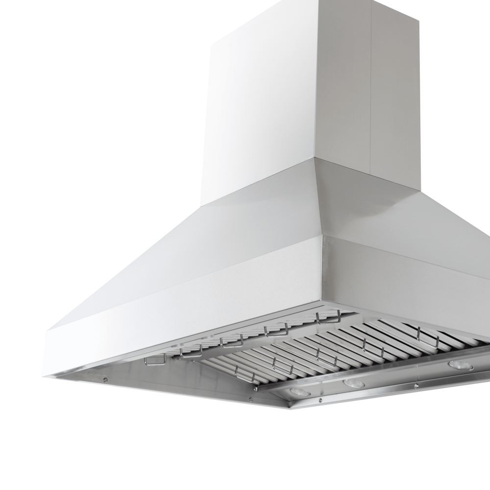 Proline PLGI 104 HE Island Hood in stainless steel from 36″-60″, shown from below. ProlineRangeHoods.com.