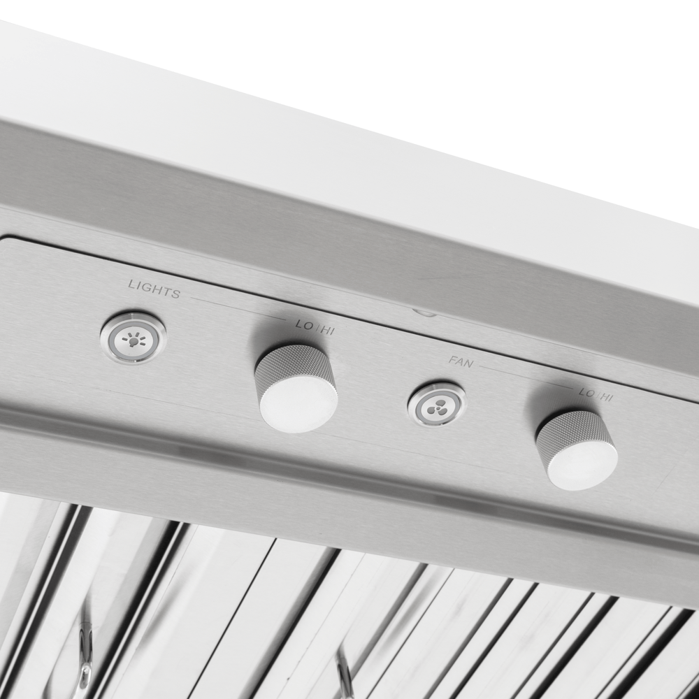 Close-up of Proline PLGI 104 HE Island Hood controls, stainless steel, LO/HI knobs, 1200 CFM. ProlineRangeHoods.com.