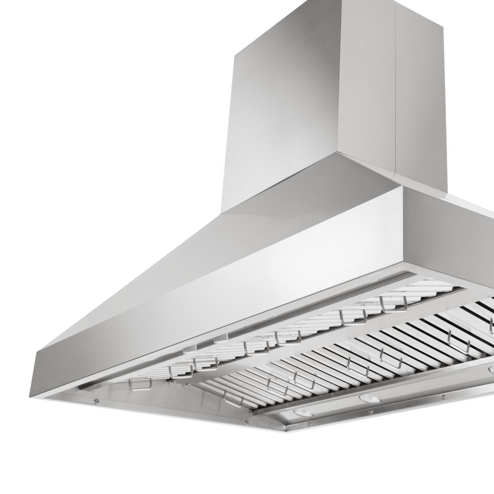 ProlineRangeHoods.com PLGI 104 HE Island Hood in stainless steel, sizes 36–60″, shown from below on white.