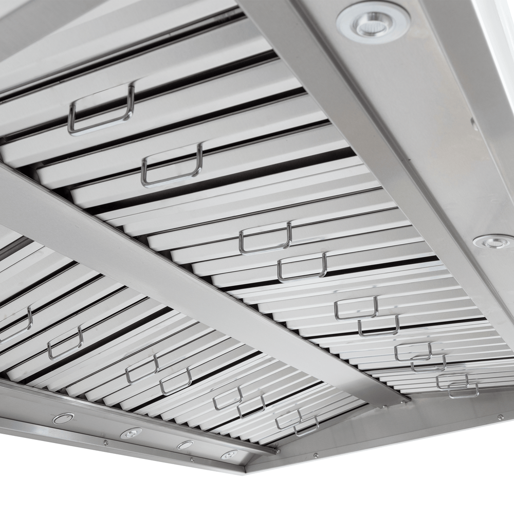 Close-up of the Proline PLGI BBQ Pro Island Range Hood, 2000 CFM, 304 stainless steel. ProlineRangeHoods.com.