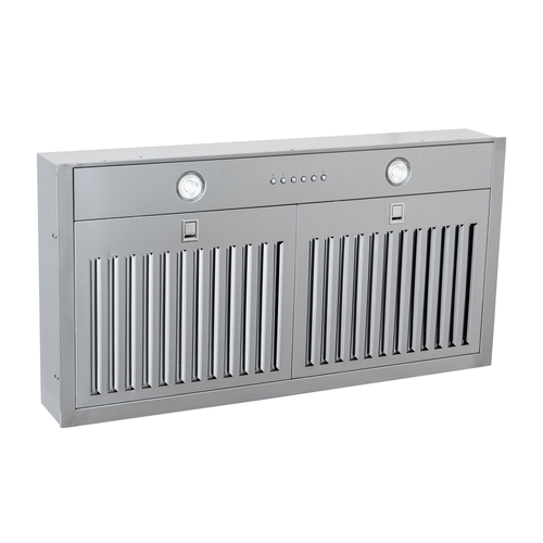 Proline PLGL 185 Insert Slim Range Hood, 600 CFM, 28"/34", dual blowers, dishwasher-safe filters. ProlineRangeHoods.com.