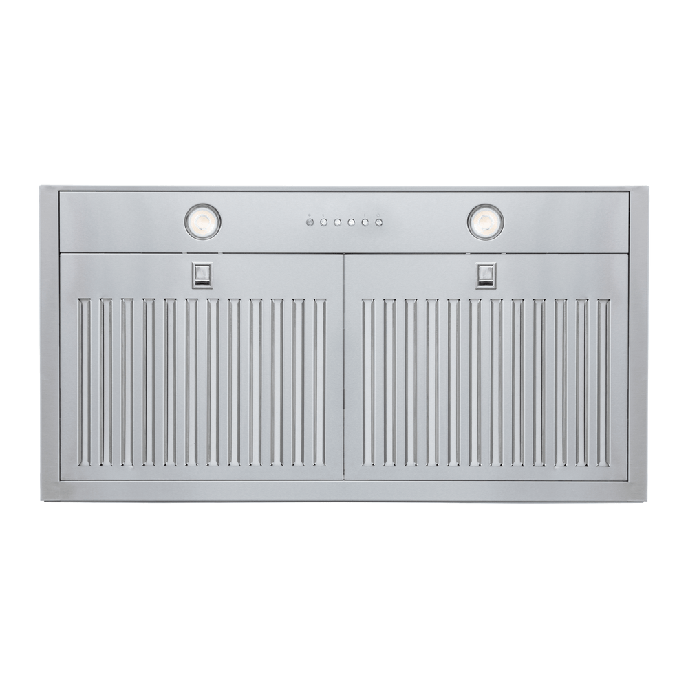 Proline PLGL 185 Insert Slim Range Hood with dual blowers, two lights, filters; front view. ProlineRangeHoods.com.