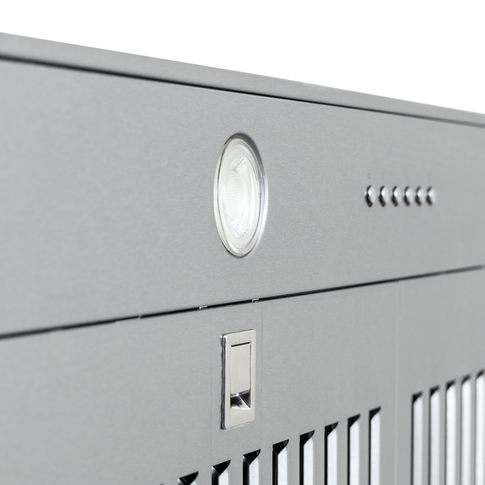 Close-up of Proline PLGL 185 Slim Range Hood in gray stainless steel, round light, buttons, lock. ProlineRangeHoods.com.