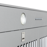 Close-up of Proline PLGL 185 Slim Range Hood in gray stainless steel, round light, buttons, lock. ProlineRangeHoods.com.