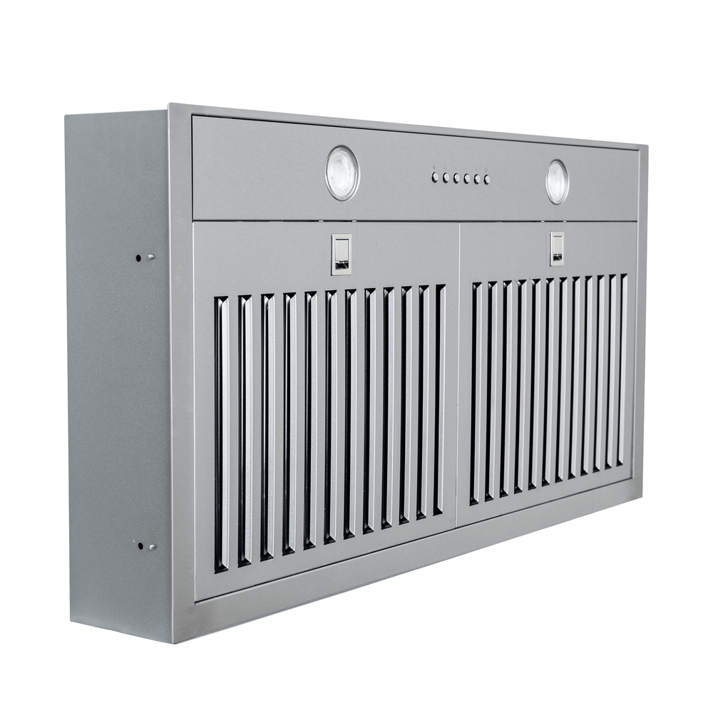 ProlineRangeHoods.com PLGL 185 Slim Range Hood, 600 CFM, 28" or 34", dishwasher-safe filters, buttons, lights, angled view.