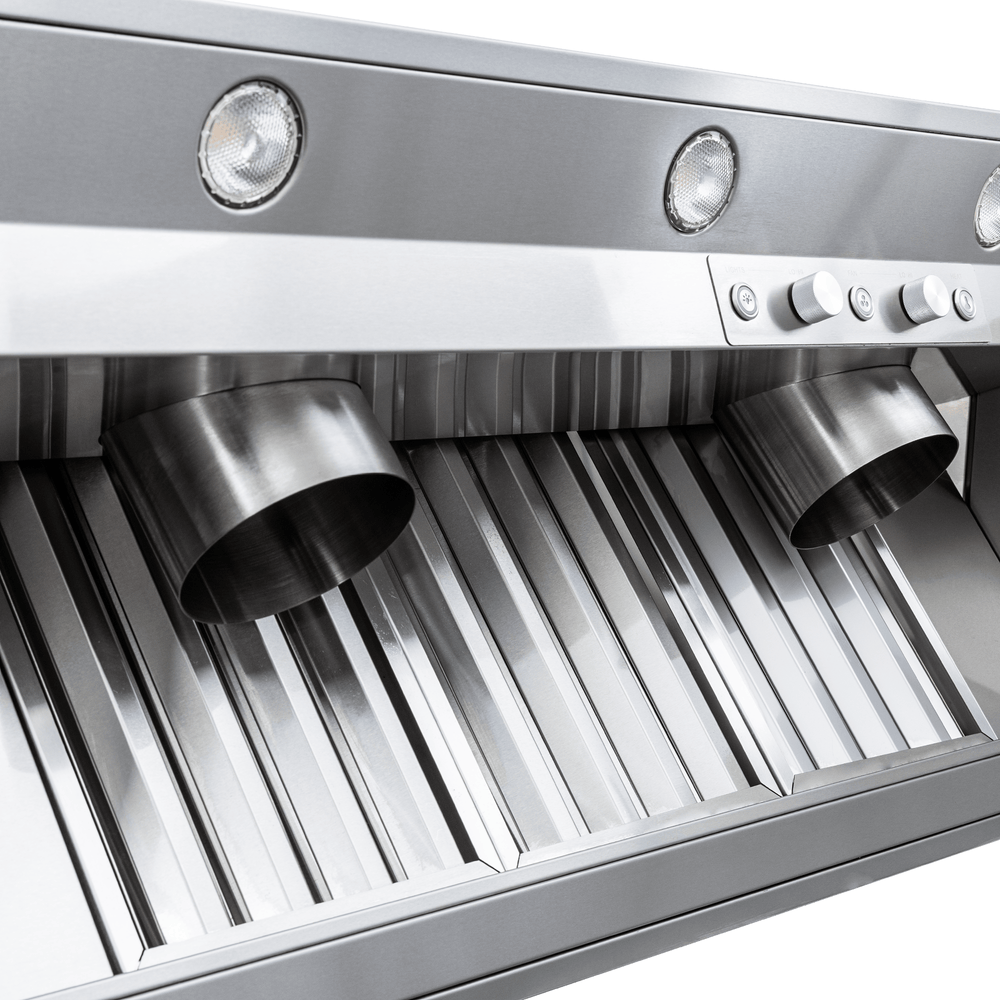 Close-up of the PLGL PROV Outdoor Range Hood Insert, 28"-58", stainless steel. ProlineRangeHoods.com.