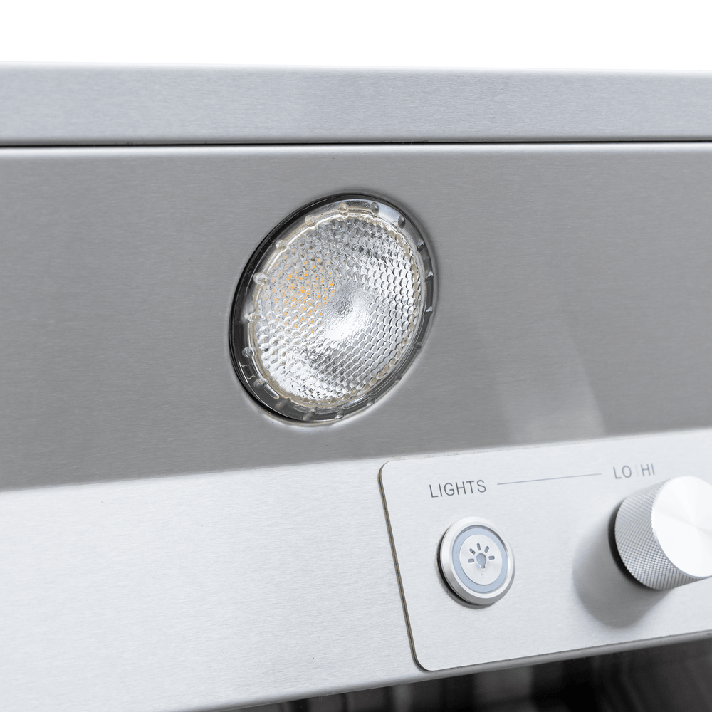 Close-up: Proline PLGL PROV Range Hood "Lights" knob, "Lo/Hi"; 28"-58", stainless. ProlineRangeHoods.com.