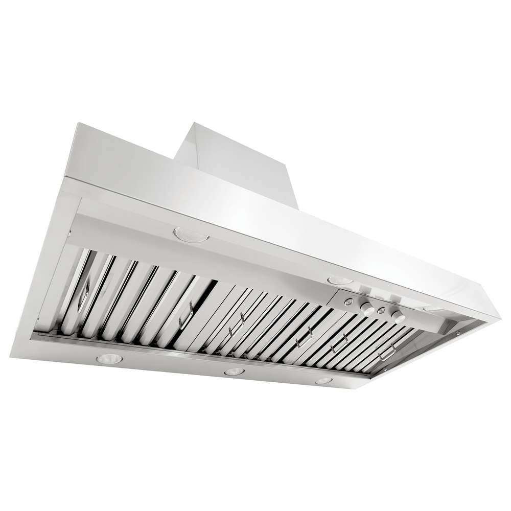 Proline PLGW 104 HE range hood with stainless steel finish, vent slats, lights, and dual blower. ProlineRangeHoods.com.