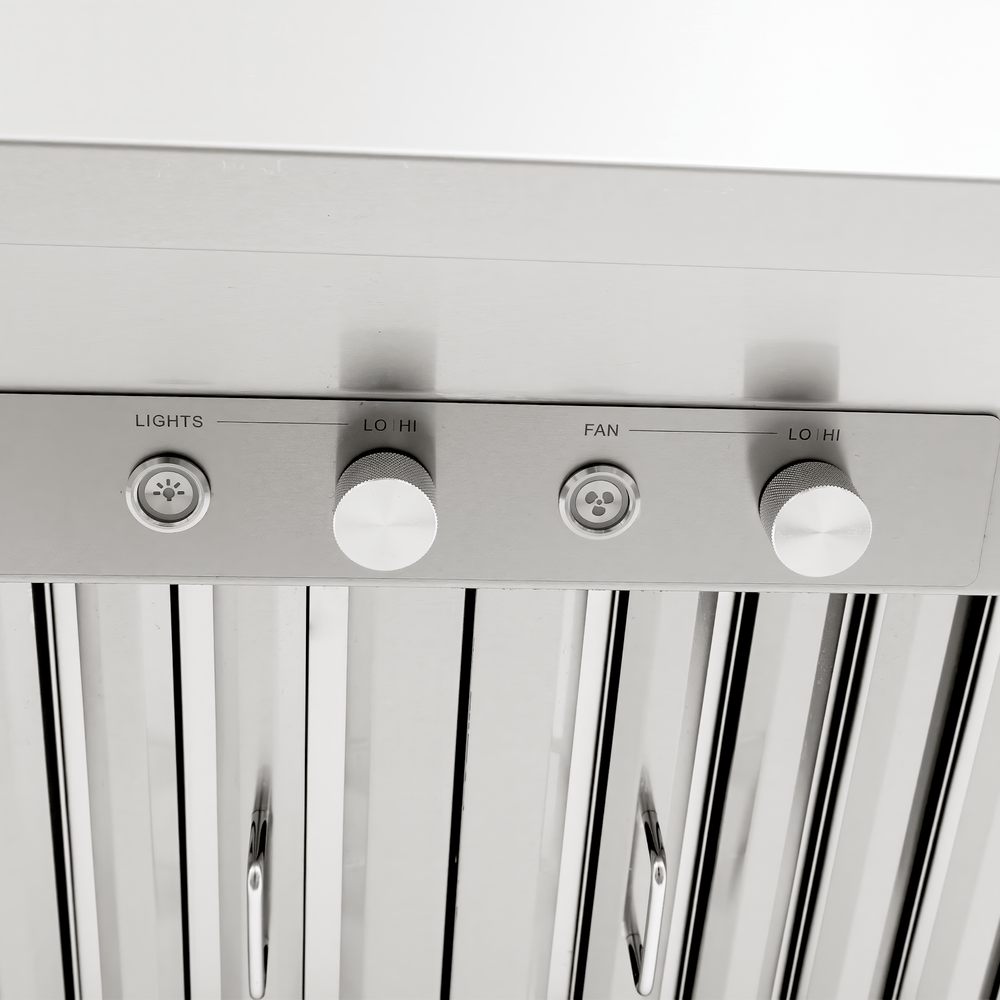 Close-up of Proline PLGW 104 HE range hood controls, dual blower, stainless finish. ProlineRangeHoods.com.