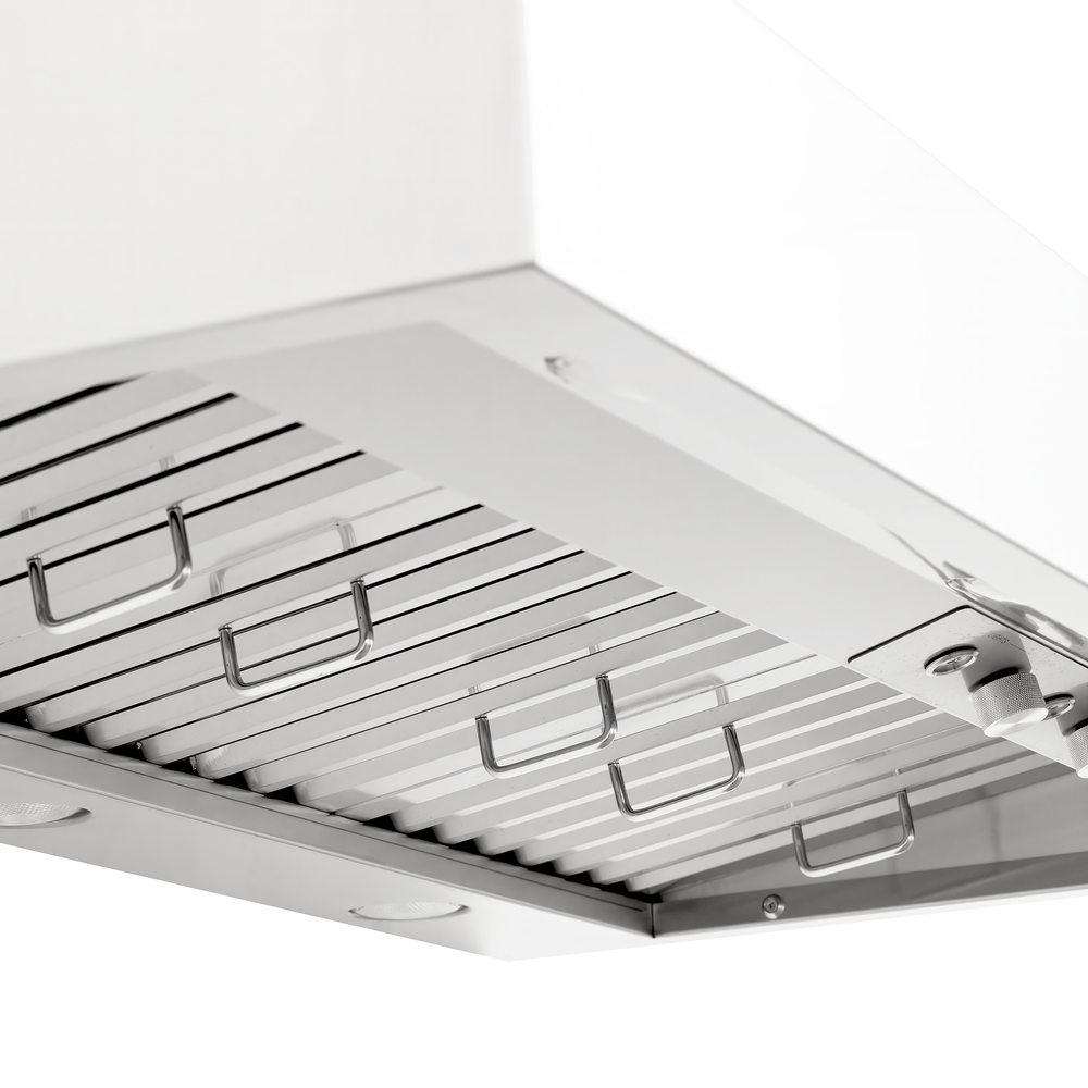 Seen from below, this ProlineRangeHoods.com PLGW 104 HE hood has metal grates, lights, and a strong dual blower.