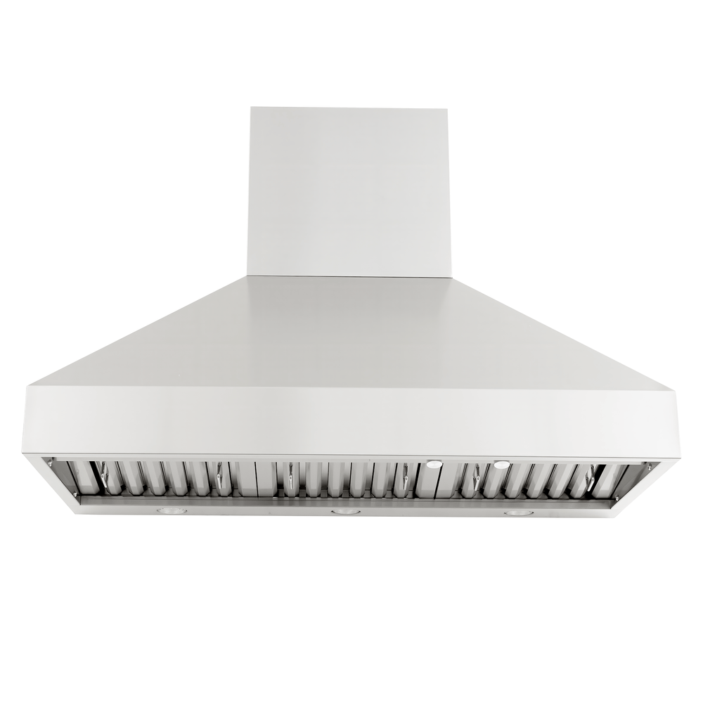 Front view of PLGW 104 HE wall range hood in 304 stainless steel with vent filters, from ProlineRangeHoods.com.
