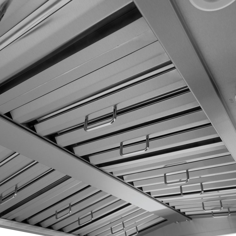 Close-up of metal handles and panels on PLGW WC BBQ Pro range hood, 2000 CFM, stainless steel. ProlineRangeHoods.com.