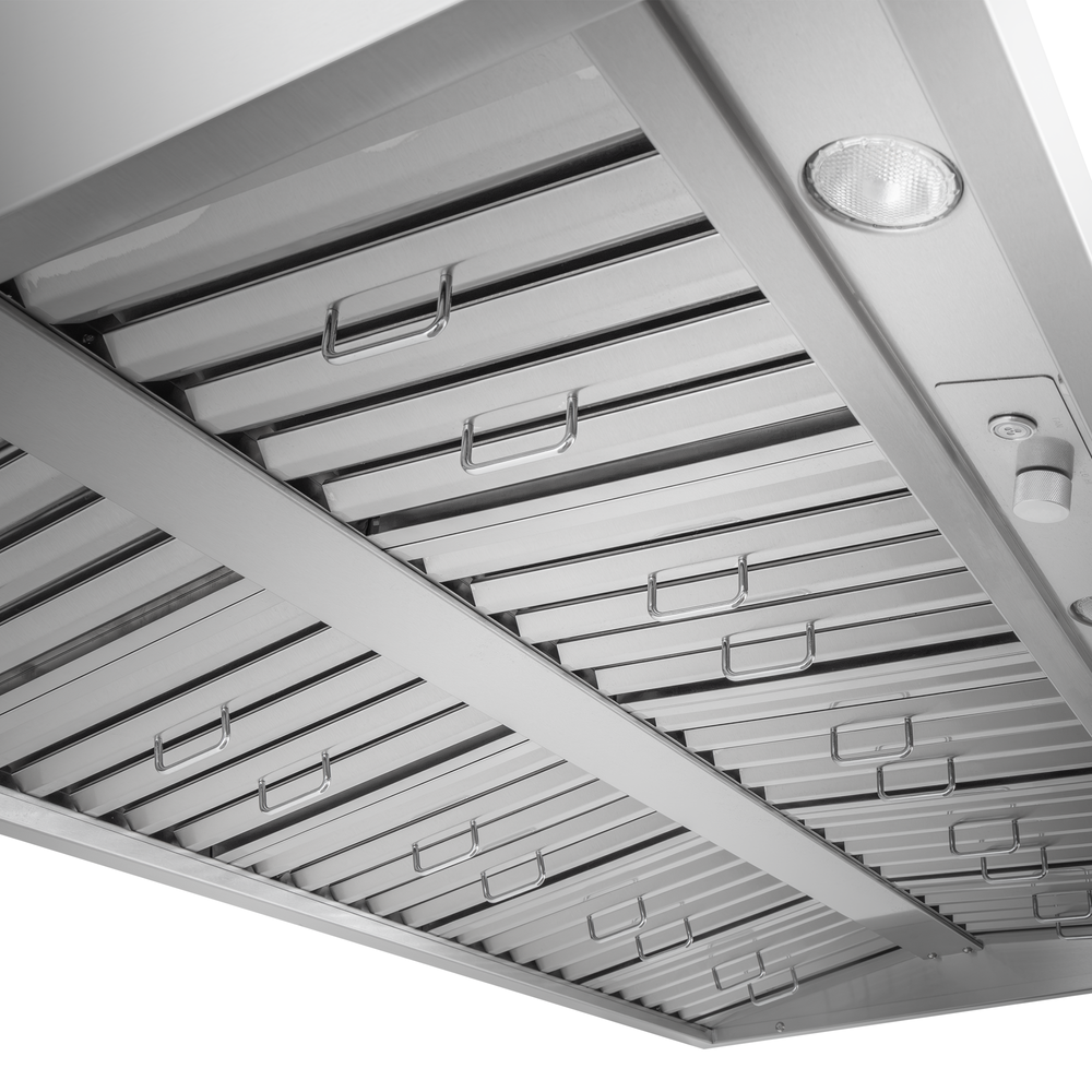 Underside of a PLGW BBQ ULTRA UC HE range hood with baffle filters and LED light from ProlineRangeHoods.com.