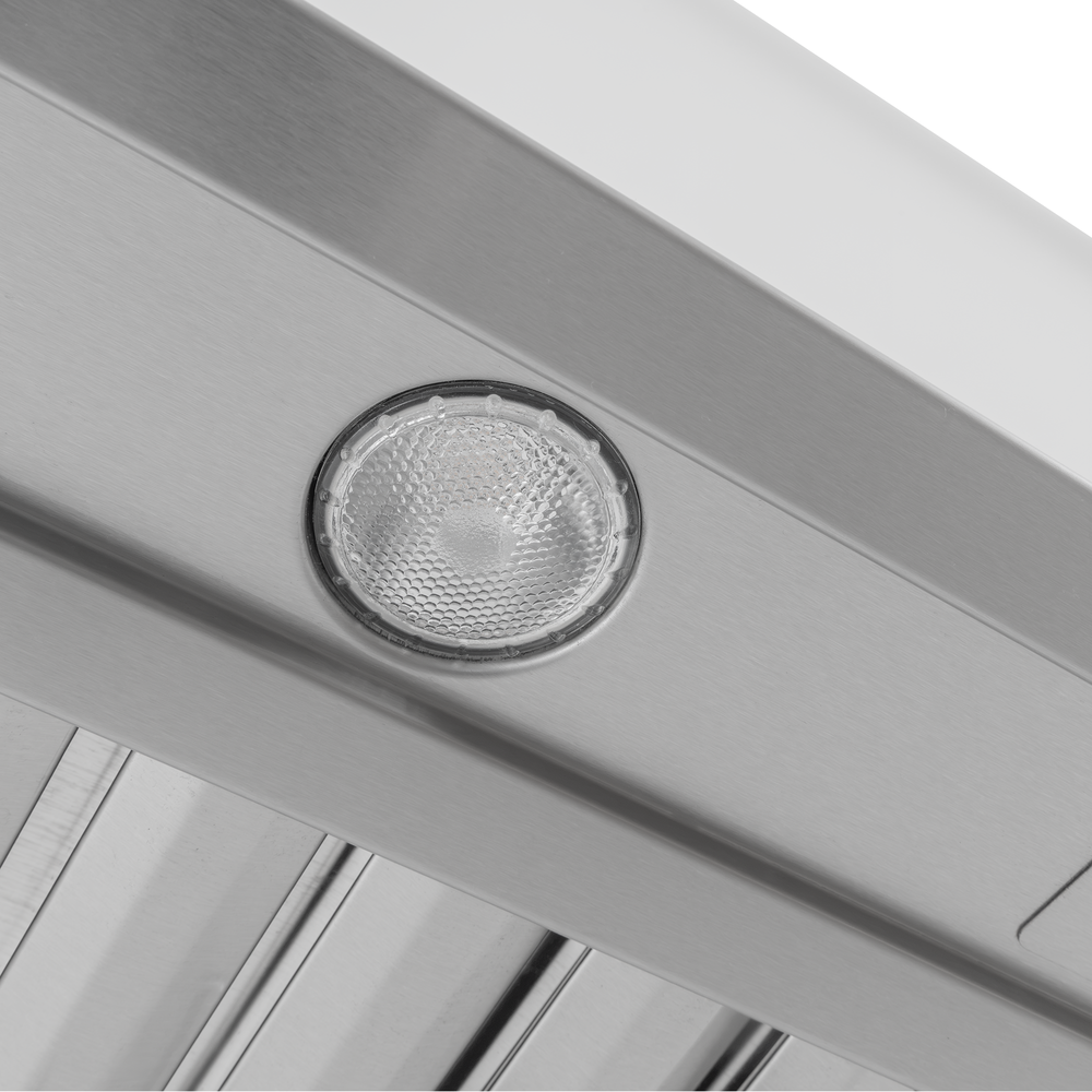 Close-up of a PLGW BBQ ULTRA UC HE stainless steel range hood with a dimmable LED light from ProlineRangeHoods.com.