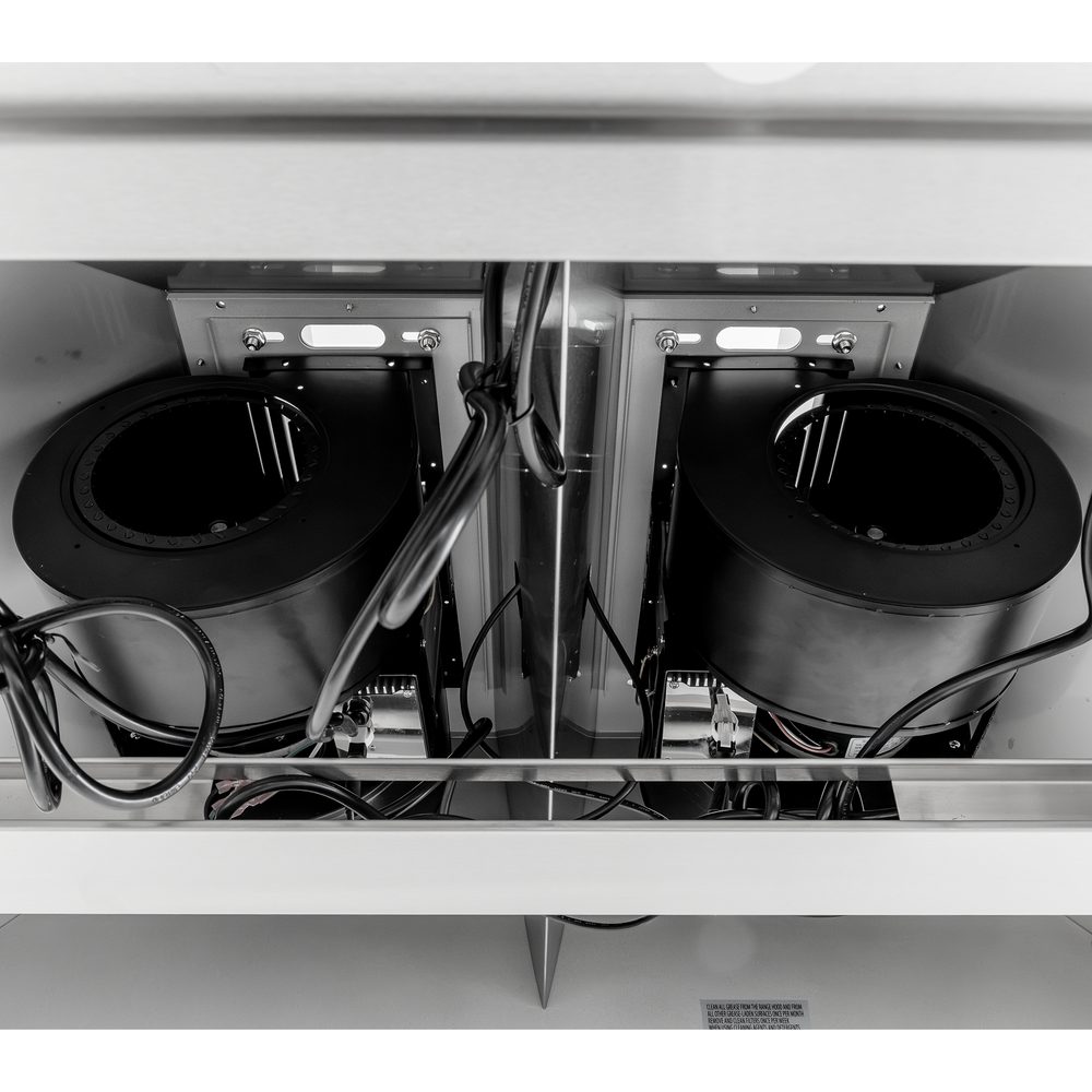 Internal view of a PLGW WC BBQ HE showing two motors and wiring. ProlineRangeHoods.com.
