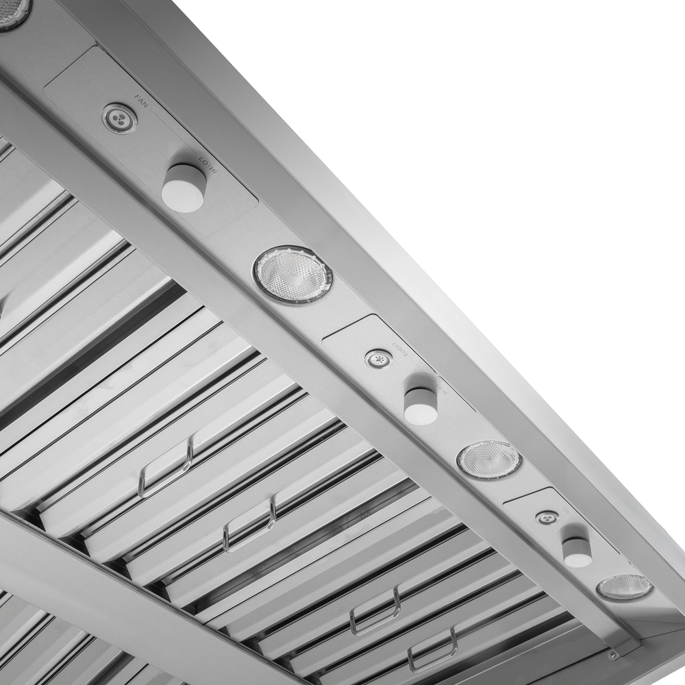 Underside of a Proline Range Hoods PLGW WC BBQ HE: baffle filters, lights, rotary knobs. ProlineRangeHoods.com.